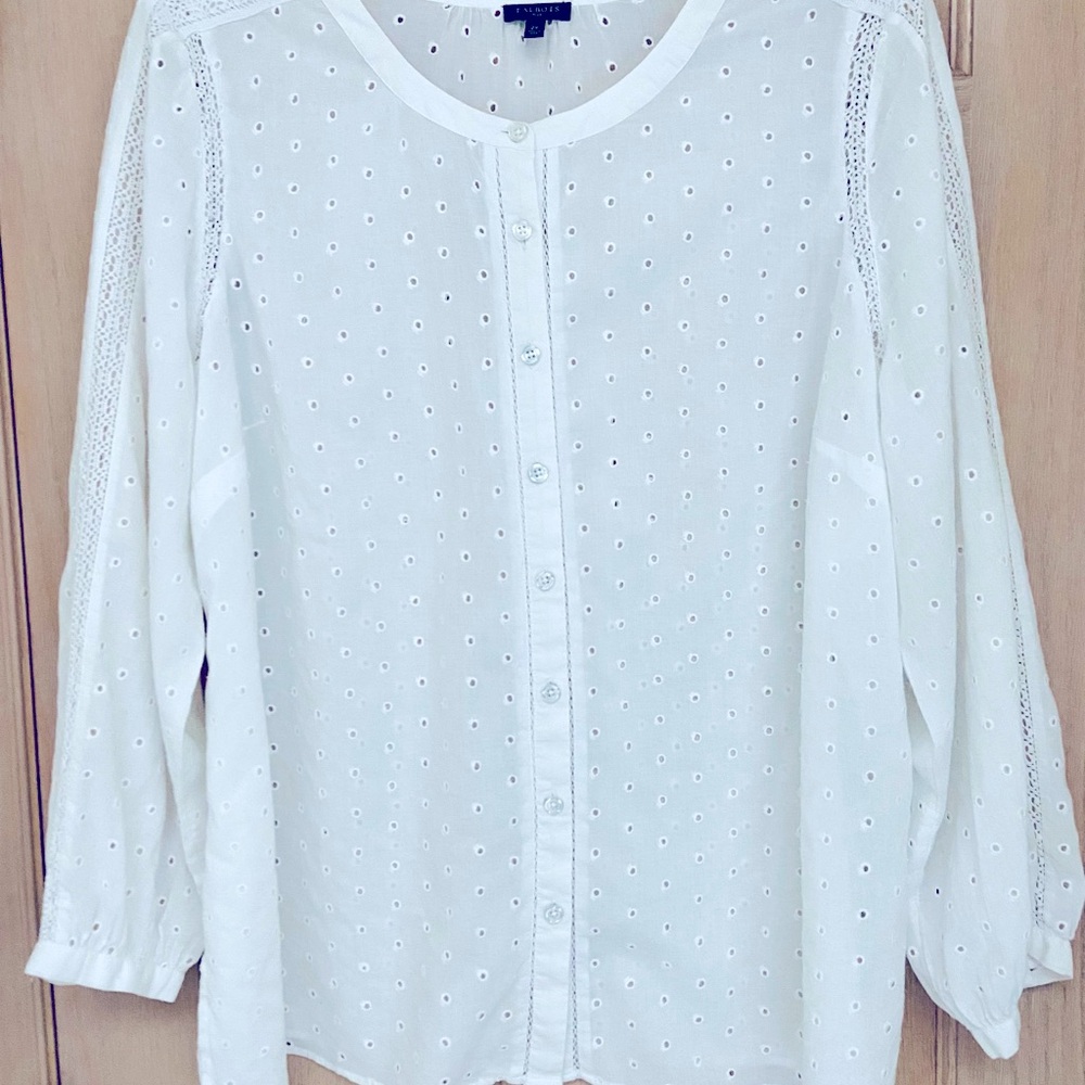 Talbots Women’s 2X White Eyelet Long-sleeve Collarless Top